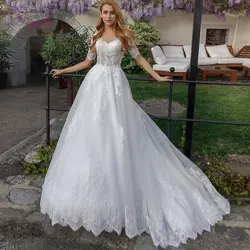 Liyuke 2019 свадебное платье трапециевидной формы из кружева, с вырезом на шее накладные аппликации на половину рукава нежный Свадебный