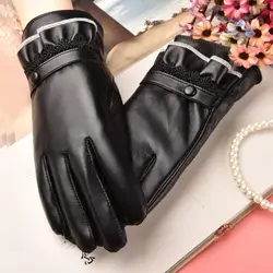 Black Leather Gloves Touch Screen Outdoors Motorcycle Bicycl Gloves Mittens Plus Velvet Thickening Cold Protection Water Proof