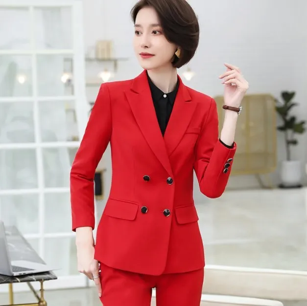 

2019 New Fashion Slim Business Wear Women Office Double Breasted Blazer Set Formal Pants Suit Female 2 Pieces Pantsuit Outfit