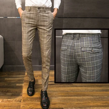 

Korean Mens Plaid Pencil Pants Business Casual Slim Fit Vintage Casual Trousers Ankle-length Pants S123