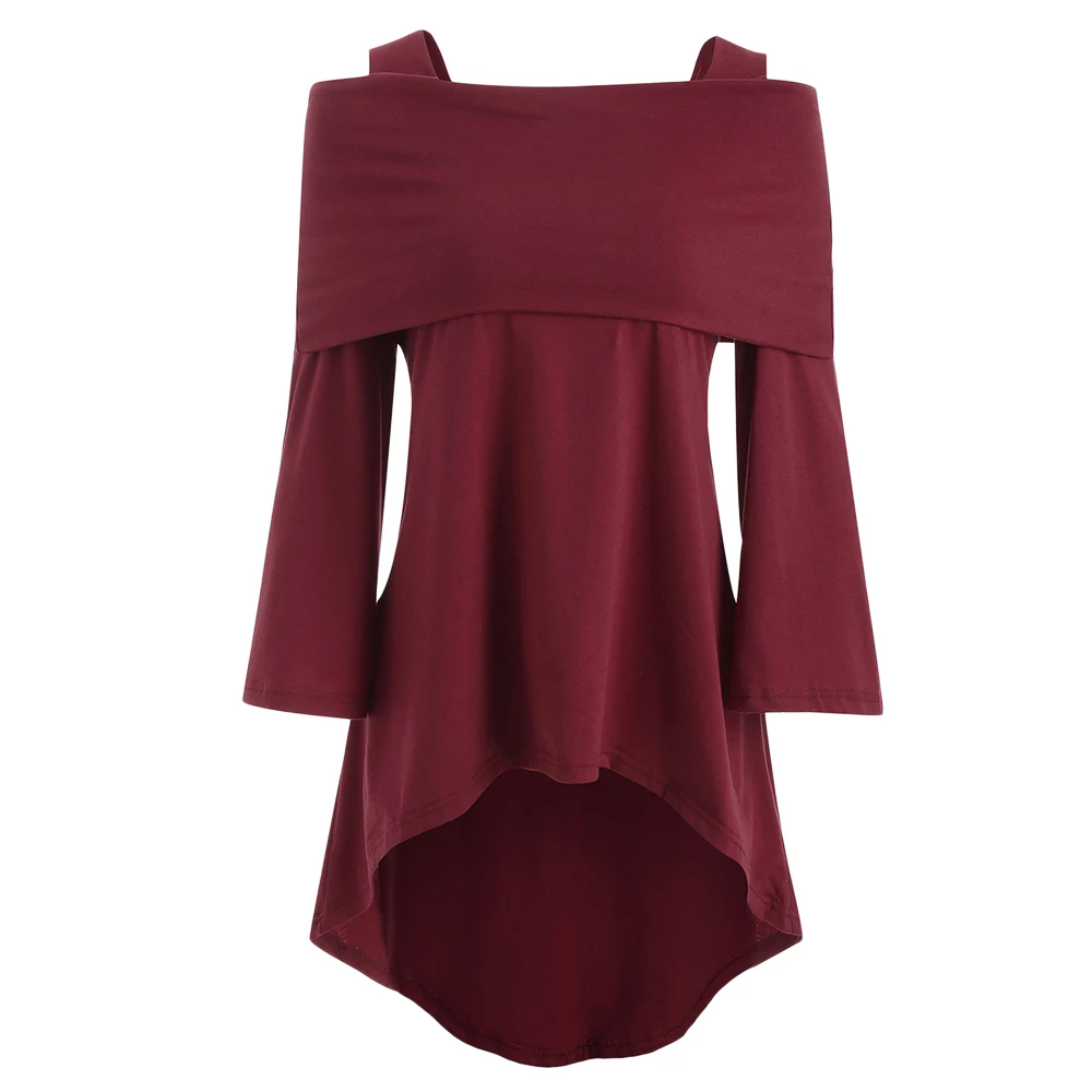 

ROSEGAL Off The Shoulder Longline Asymmetrical T-Shirt Bare Long Fold Over High Low T-Shirt Women Elasticity Tops S-2XL Size2019
