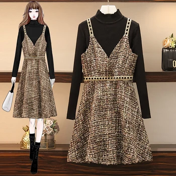

4XL Plus Size Women's 2020 Spring New Knit Sling Dress Set Covering Two Pieces