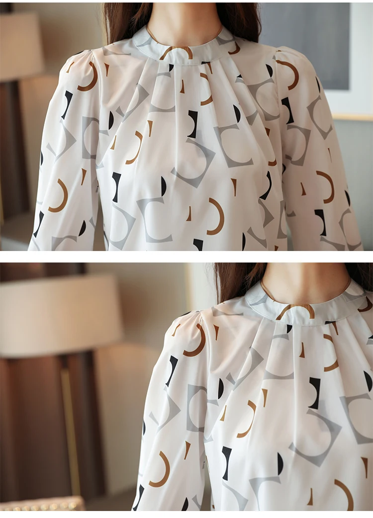 Blusas mujer de moda Женские топы и блузки с круглым вырезом, шифоновая Женская одежда с принтом, рубашки с длинным рукавом, женские топы 6053 50