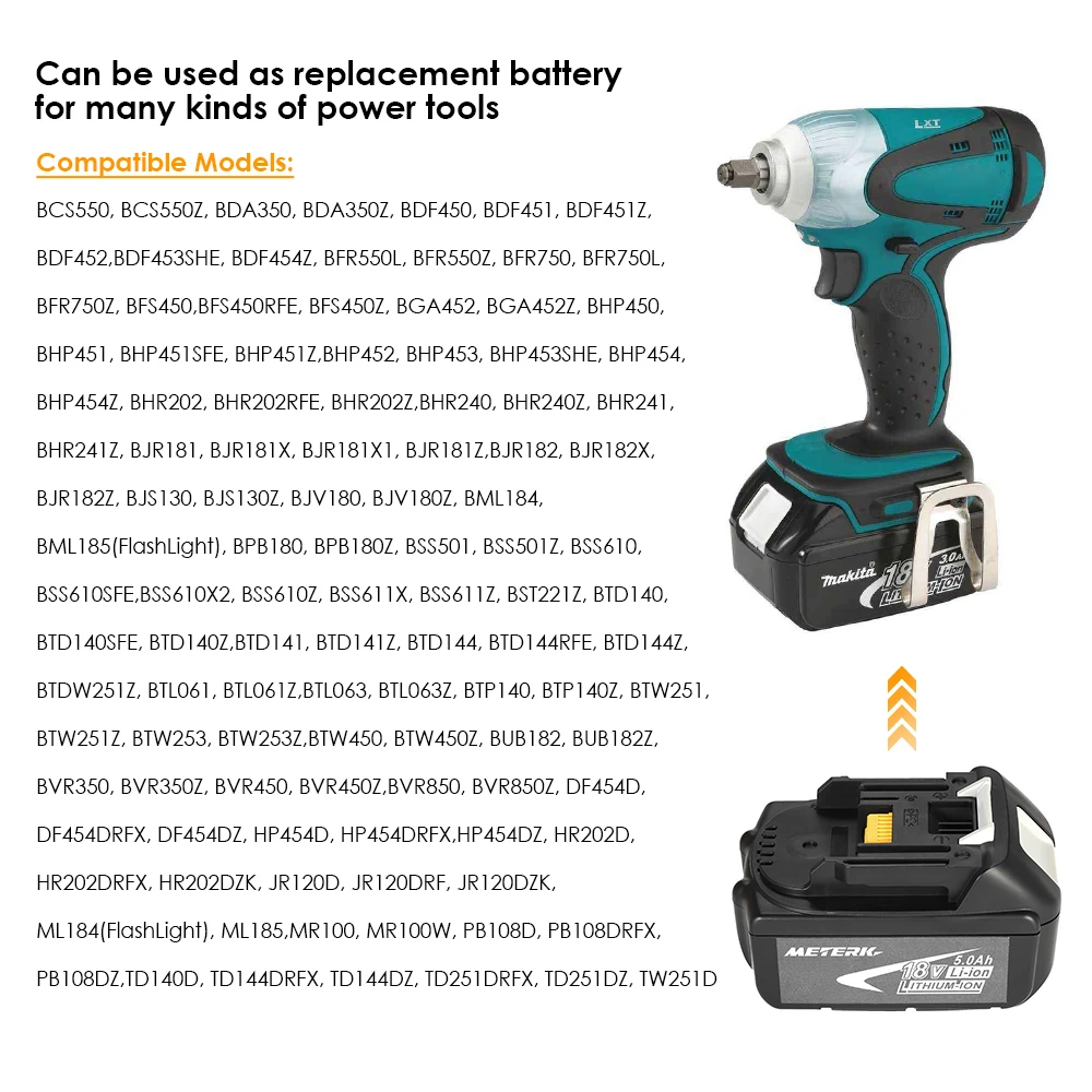

Hot Meterk BL1850 18V 4.0Ah /5.0Ah Recharcheable Power Tools Battery Lithium replacement Battery Pack large capacity for MAKITA