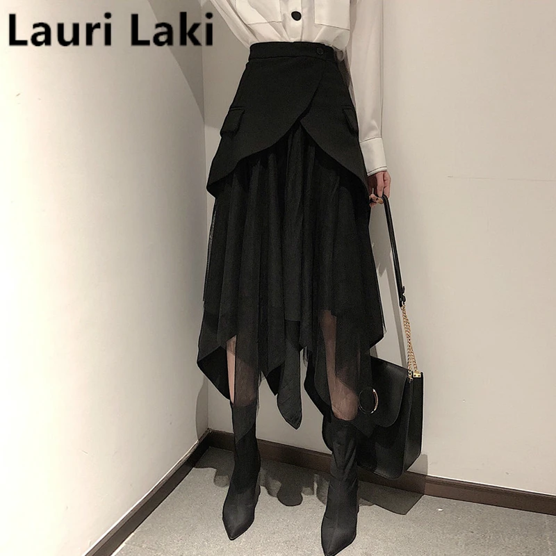 Необычная трапециевидная юбка женская сетчатая кружевная Элегантная черная плиссированная длинная юбка макси юбка с высокой талией размера плюс осень весна