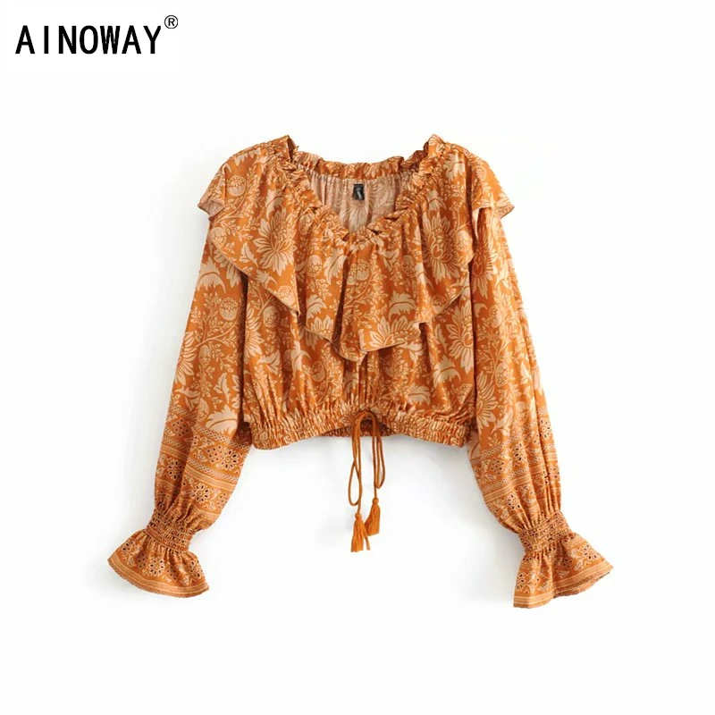 Boho chic Женская богемная блузка с цветочным принтом и оборками, женская блузка с открытыми плечами, блуза с длинным рукавом