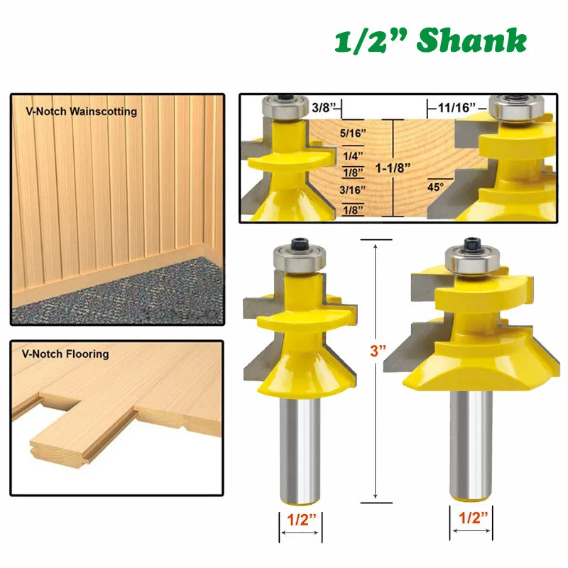 

2pcs/set 12mm 1/2 Shank Milling Cutter Woodwork 120 Degree Router Bit Frame Groove Tenon Woodworking Engraving Milling Set 03004