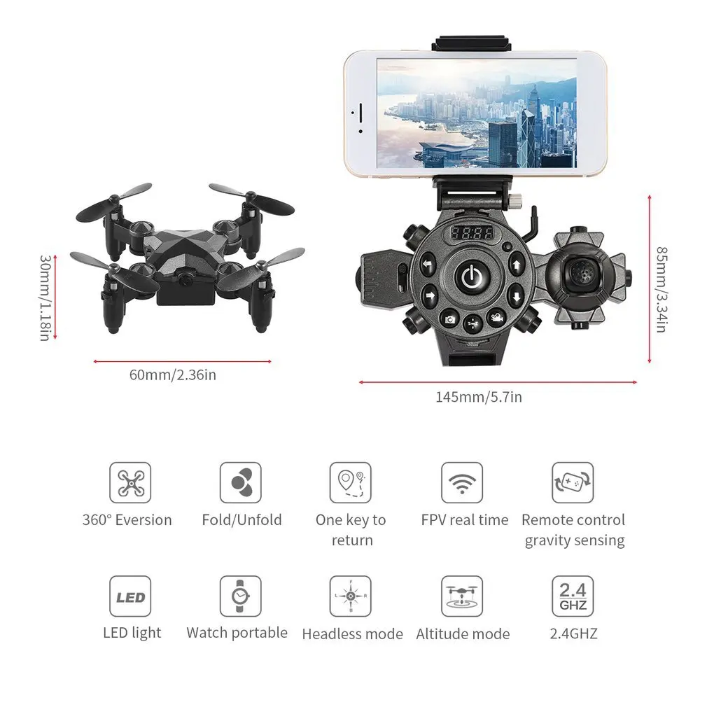 

2019 New Portable Remote Control Watch Style 2.4G 0.3MP Wifi Mini Foldable Height Hold G-sensor FPV Drone Quadcopter