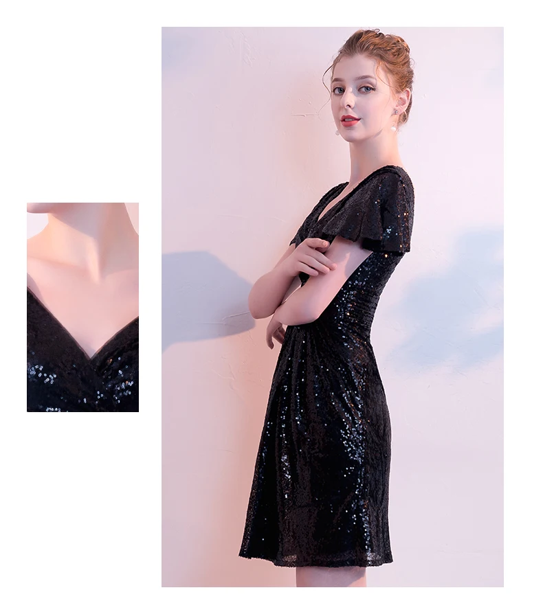 Solovedress Короткие рукава с гофрированными манжетами вечернее платье латинский танец линия Блестящий блесток формальное платье с v-образным вырезом сзади с застежкой-молнией E82