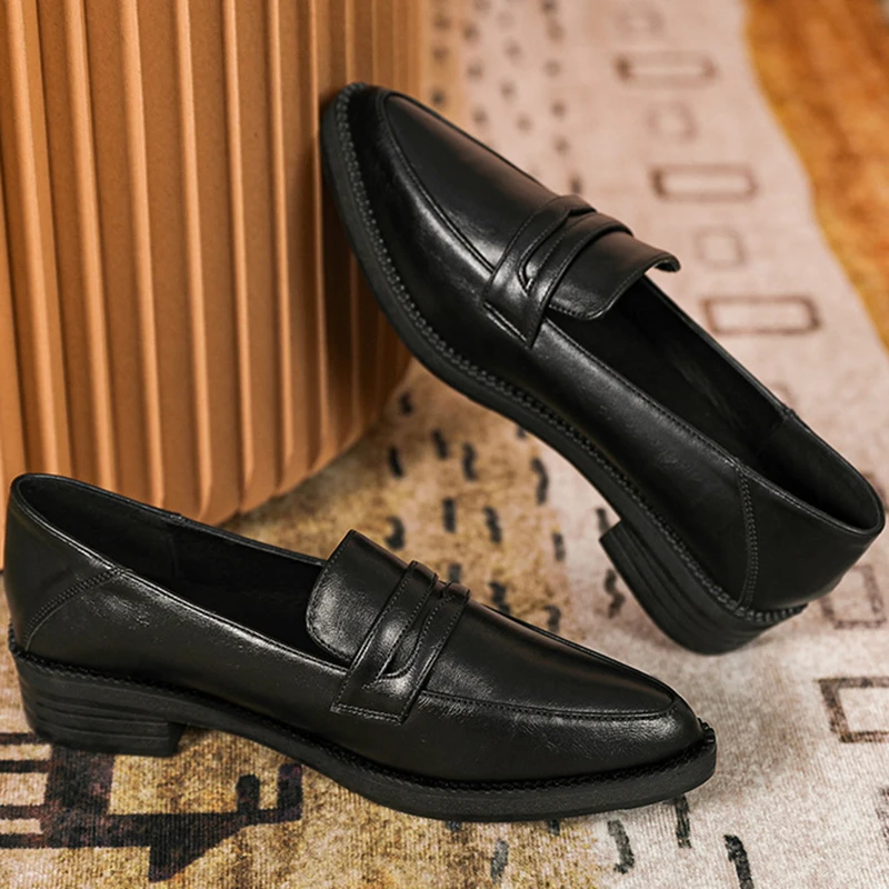 Women Oxford Shoes Pointed Toe Leather Flats Slip On Loafers Brogue Shoes Thick Heels Cut Out One Band