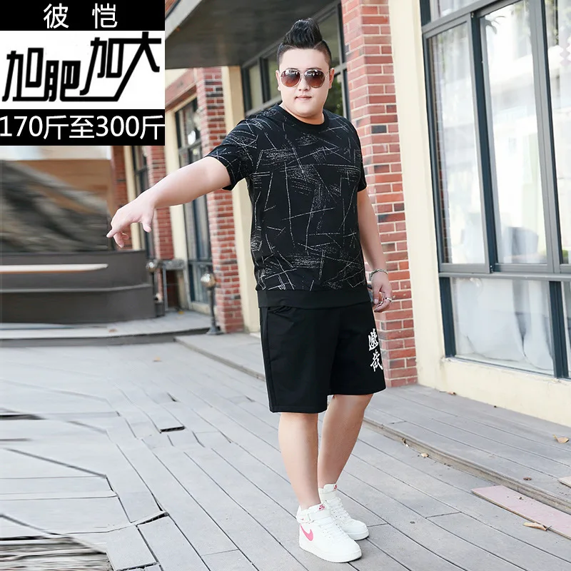 

Bikai Big Code Youth Plus Fat Increase Code Sports Leisure Short Sleeve T Shirt Elastic Waist Five Points Pants Two-piece Set