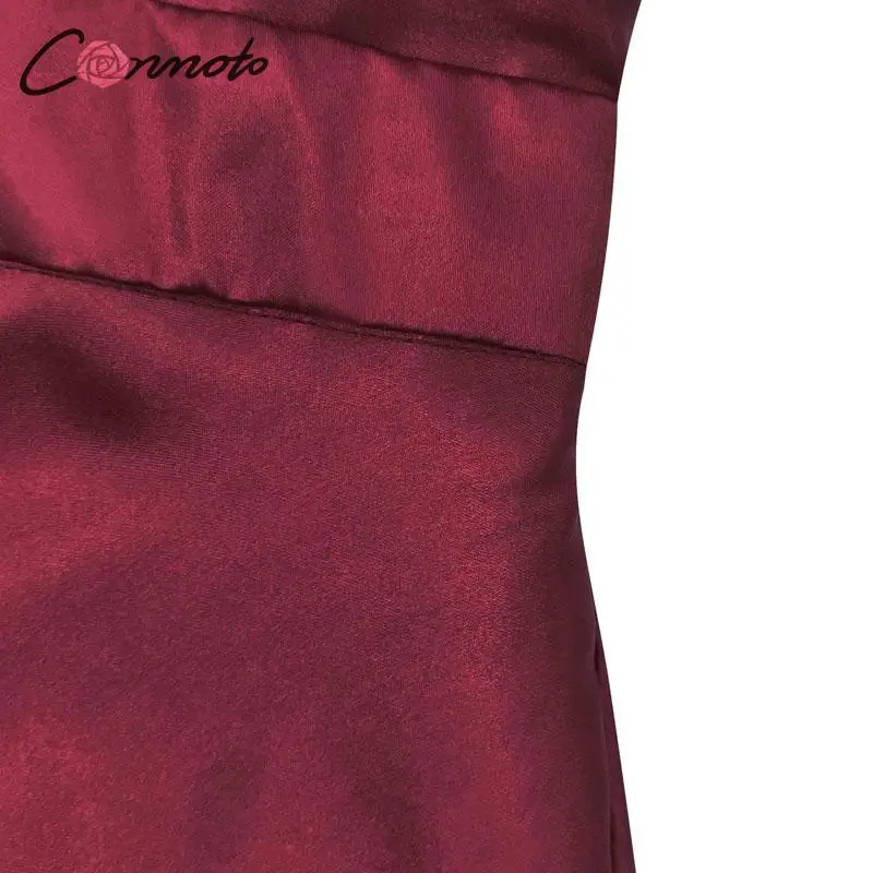 Conmoto Мода Спагетти ремень асимметричное Женское зимнее платье женские Сексуальные Глубокий V Высокая Талия атласные Короткие вечерние платья плюс размер