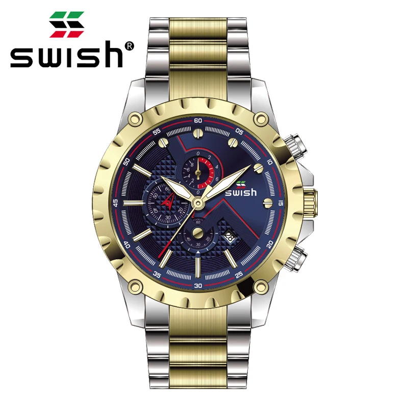 

SWISH Brand All Steel Business Quartz Watch Men's Gold Waterproof Watch 24 Hour Date Wrist Watch Clock + Box