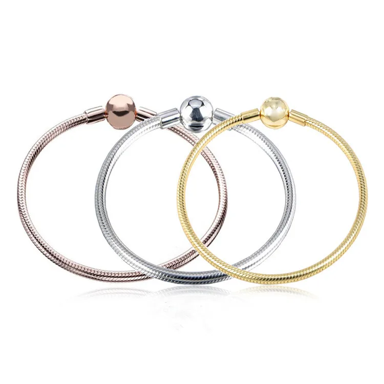 925 пробы серебряный браслет с розовой Золотой гладкой застежкой Клип Шарм цепь со змеей браслет DIY подходит для шарма бусины