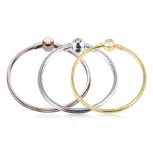 925 пробы серебряный браслет с розовой Золотой гладкой застежкой Клип Шарм цепь со змеей браслет DIY подходит для шарма бусины