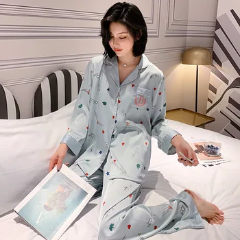 

Fiklyc Spring And Summer Thin Section Of Home Service Ice Silk Pajamas Female Simulation Silk Cardigan Fashion Long-Sleeved Suit