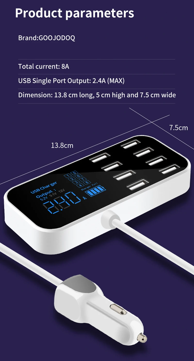 AIXXCO 8 портов USB Автомобильное зарядное устройство светодиодный цифровой дисплей Быстрая зарядка для iPhone 11 Pro Max samsung Автомобильное зарядное устройство для телефона
