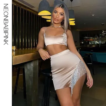 

NEONBABIPINK Sexy Bodycon Outfits Party Night Club Rhinestones Tassel Mini Skirt Two Piece Satin Set 2020 Clothes Woman N0-AE68