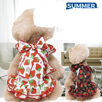 

Cute Strawberry Pet Dog Princess Dress Ruffle Sleeve Tassels Puppy Dogs Skirt Clothes Summer Girl Doggy Dress Up Apparel