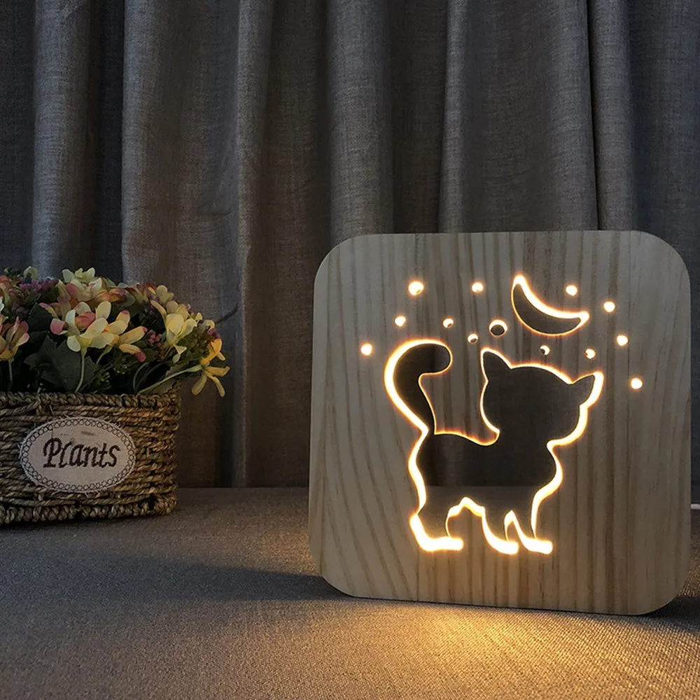 3D украшение стола ночник деревянная настольная лампа с питанием от USB настольная лампа домашняя прикроватная форма животного Квадратный кот Luminaria подарок
