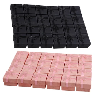 

48 Pcs Ring Earring Jewelry Display Gift Box Bowknot Square Case, 24 Pcs Black & 24 Pcs Pink