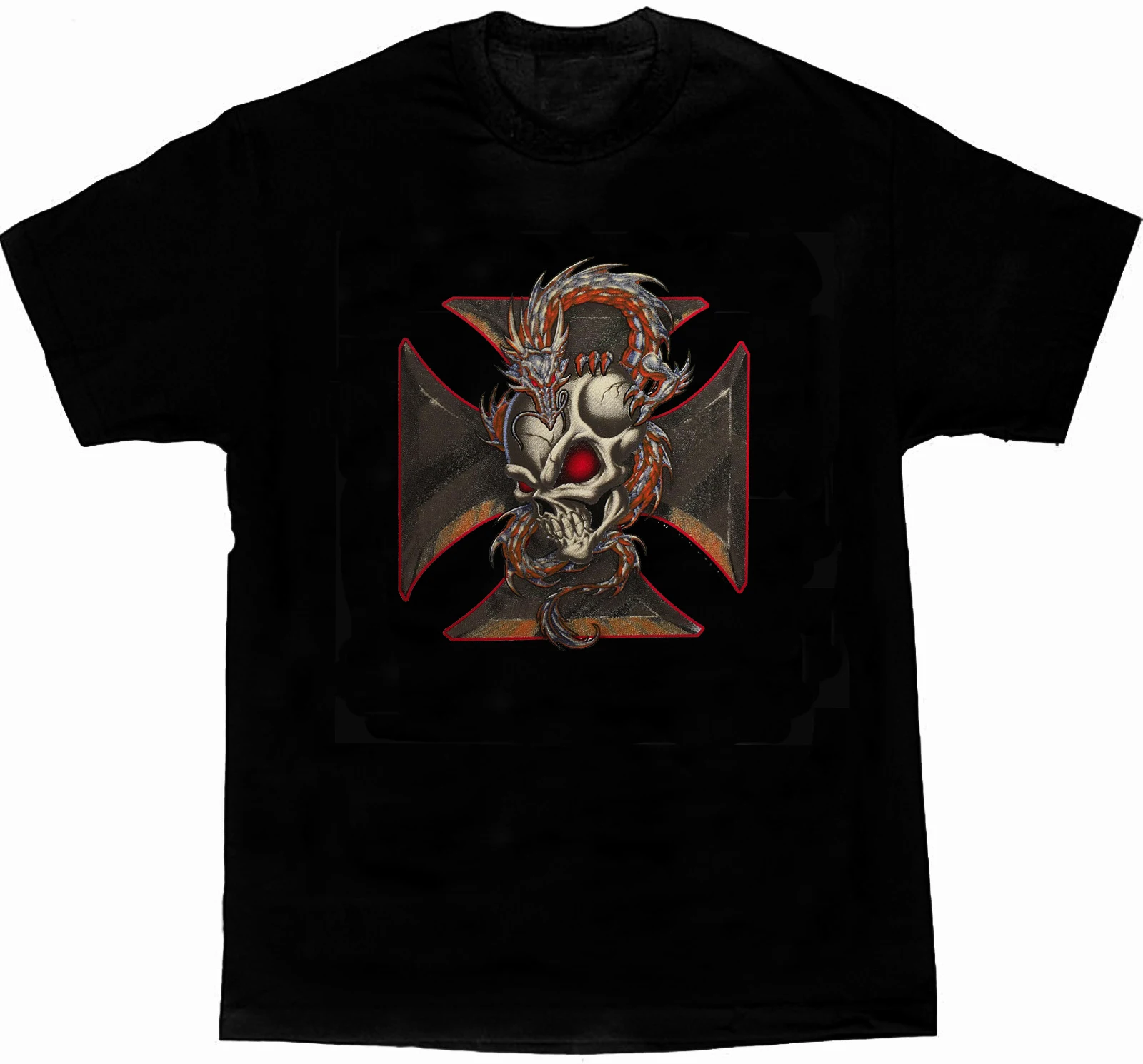 

Fashion Skull Dragon Maltese Iron Cross Graphic Printed T-Shirt. Summer Cotton Short Sleeve O-Neck Mens T Shirt New S-3XL