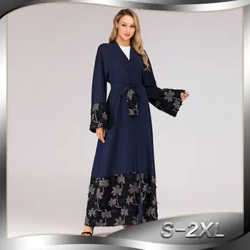 

Women's Fashion Loose Muslim National Style Robe Mesh Stitching Embroidery Cardigan Blue