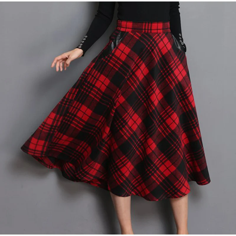 High Waist A Line Women Long Skirt Plus Size 4XL England Plaid Woolen Ladies Skirts Woolen Pleated Tartan Female Bottom