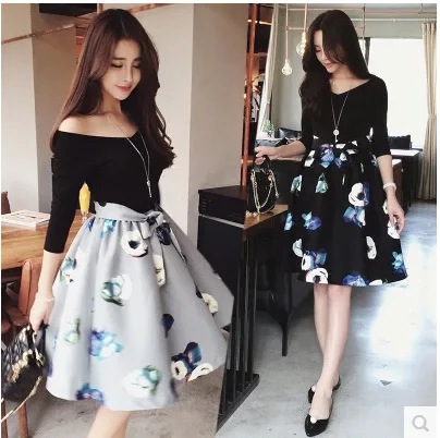

Slimming Autumn New Style Mock Two-Piece WOMEN'S Dress Korean-style Slim Fit Long-sleeved Black Dress Midi-skirt Joint V-neck Sk