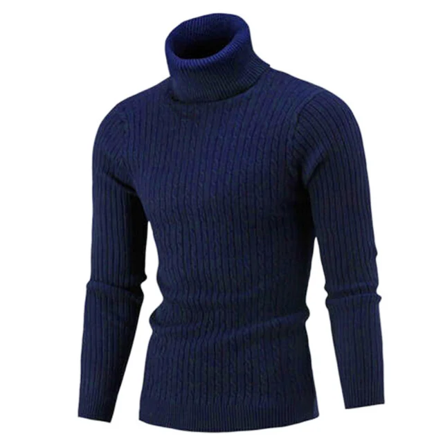 Casual Men Winter Solid Color Turtle Neck Long Sleeve Twist Knitted Slim Sweater Men's Knitted Sweaters Pullover Men Knitwear Navy Blue