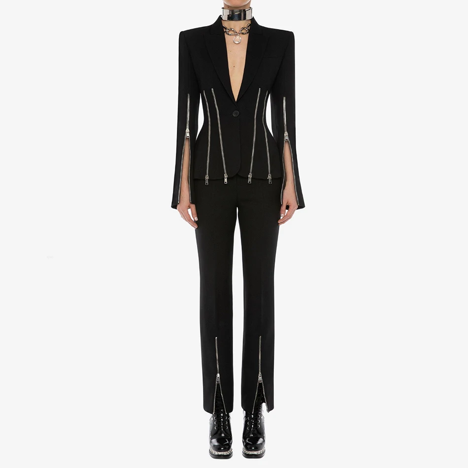 2021 Winter Female Black Jacket Top &amp Pants Two Piece Sets Zipper Split Long sleeve V-Neck Celebrity Night Party Woman Coat Suit |