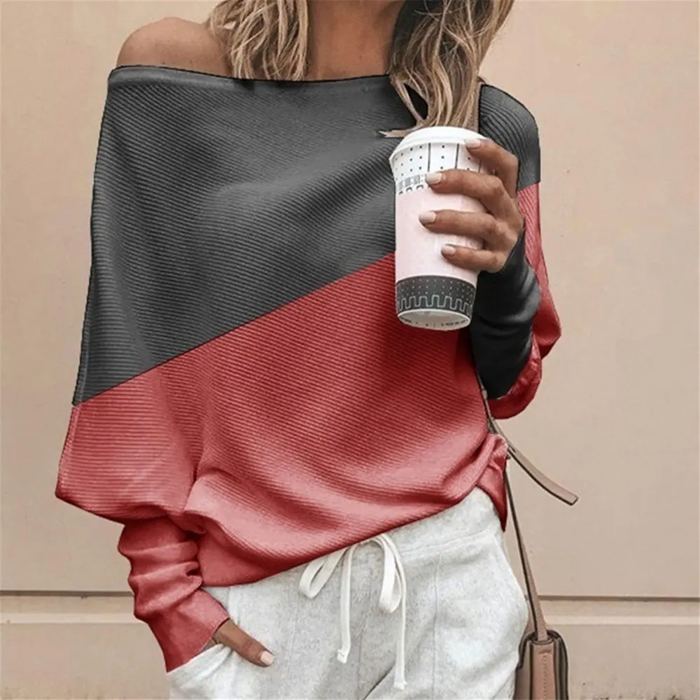 

ADISPUTENT Autumn Winter Contrast Color Women Sweater Casual Long Sleeve Pullovers Women Off Shoulder Knitted Tops Women Jumper