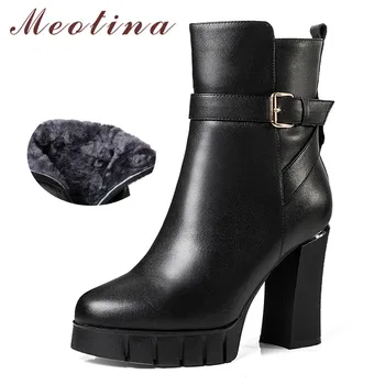 

Meotina Winter Wool Snow Boots Women Natural Genuine Leather Platform Thick High Heel Ankle Boots Buckle Zipper Shoes Lady 34-39