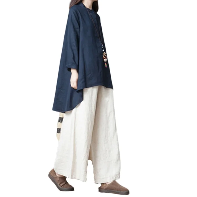 Свободные женские длинные винтажные элегантные рубашки из хлопка и льна |