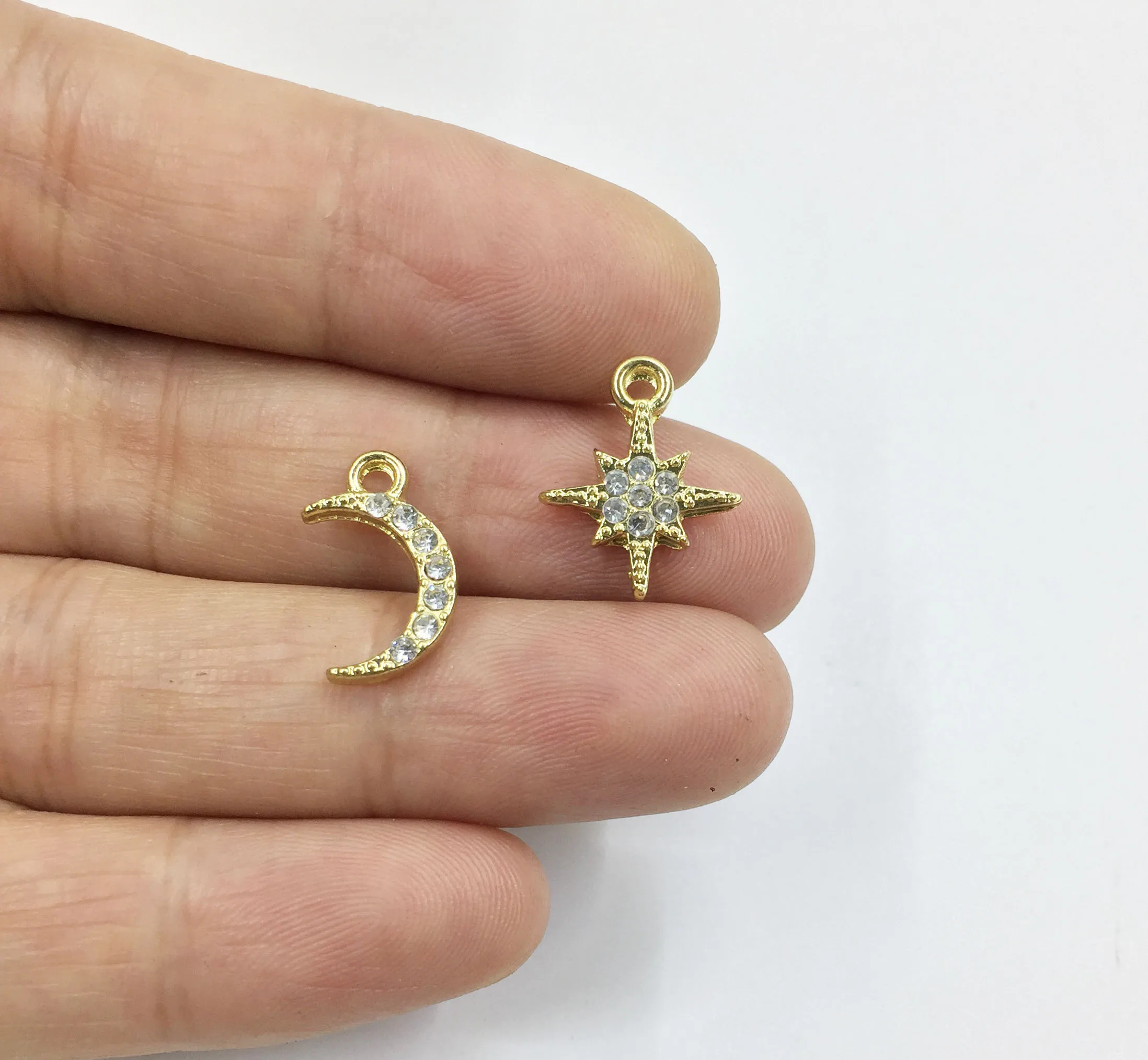 Eruifa 라인석 스타 골드 실버 도금 아연 합금 참 펜던트, DIY 목걸이 팔찌 귀걸이, 2 가지 색상, 10mm, 10 개