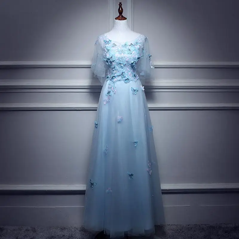 Элегантное длинное голубое Сетчатое вечернее платье Qipao, изысканное кружевное женское вечернее платье, сексуальное открытое платье - Цвет: Long