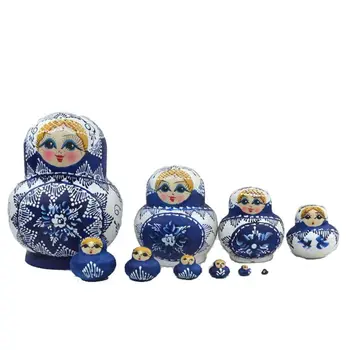 

10pcs/set Linden Wood Painted Russian Matryoshka Blue and White Porcelain Pot-bellied Doll DIY Nesting Stackable Dolls