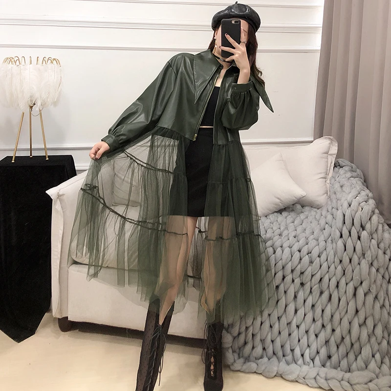 Finest  LANMREM 2020 Spring New Jackets Women Fashion Solid Color Long Mesh Gauze Stitching PU Leather Coat
