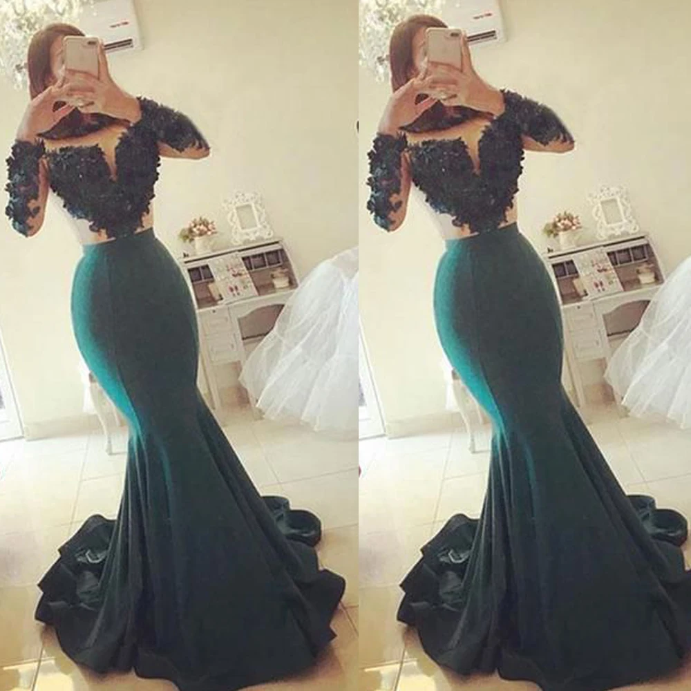 like the picture Платья для выпускного вечера с русалочкой,, прозрачные кружевные вечерние платья с длинным рукавом ручной работы с цветами, зеленые атласные вечерние платья - Цвет: like the picture