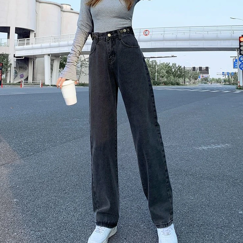 Wide Leg Jeans Woman High Waist Denim Pants y2k Streetwear Korean Trousers Straight Dark Gray Boyfriend Femme | Женская одежда