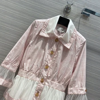 

2020 Autumn New Dresses Classic Fashion Turn-down Collar Lace Sleeve Waist Mesh Patchwork Dress