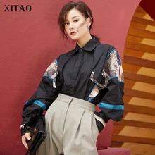 XITAO Tide Лоскутная Блузка с принтом хит цвета женская одежда мода подходит ко всем винтажным отложным воротником рубашка осень GCC1798