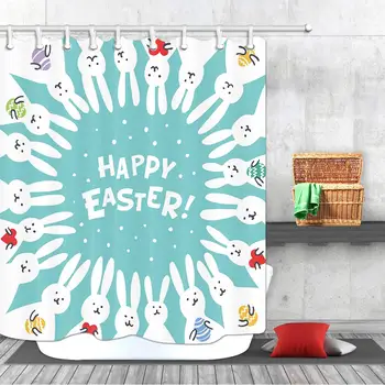 

Happy Easter Bath Curtain, Cartoon Bunny Rabbit with Eggs in Heart Turquoise, Polyester Fabric Waterproof Shower Curtain, Shower