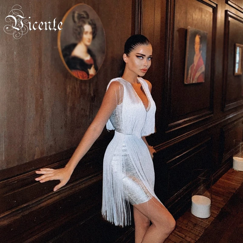 VC все бесплатная доставка шикарное серебряное мини-платье с кисточками