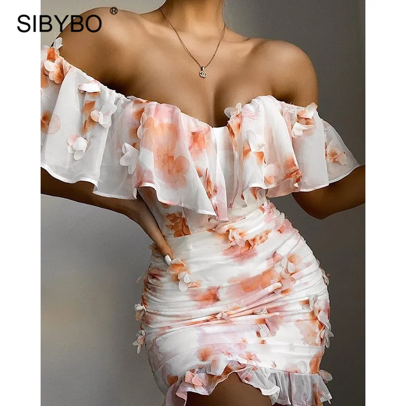 Женское облегающее платье Sibybo шифоновое короткое пляжное с открытыми плечами и