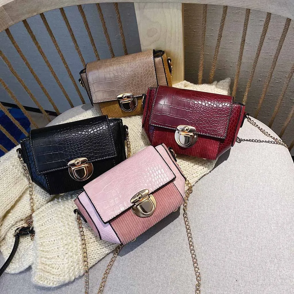 

Simple Shoulder Bags Ladies Women Splicing Messenger Bag Corduroy Hasp Alligator Shoulder Package Fashion Phone Bag borsa donna