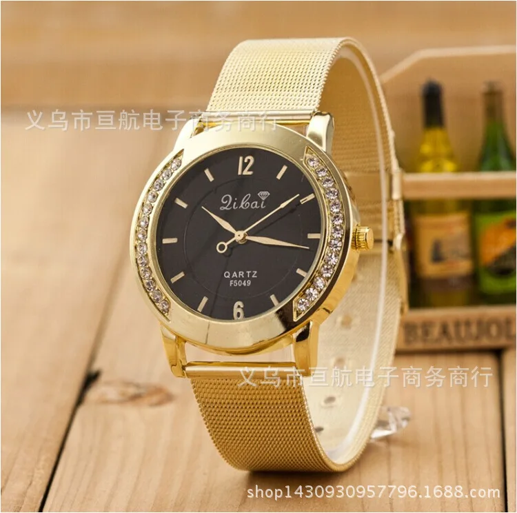 

Hot Selling Geneva Gold Mesh Belt Watch Double-Layer shu zi tiao Ding Measuring Bilateral Diamond Set Quartz Watch