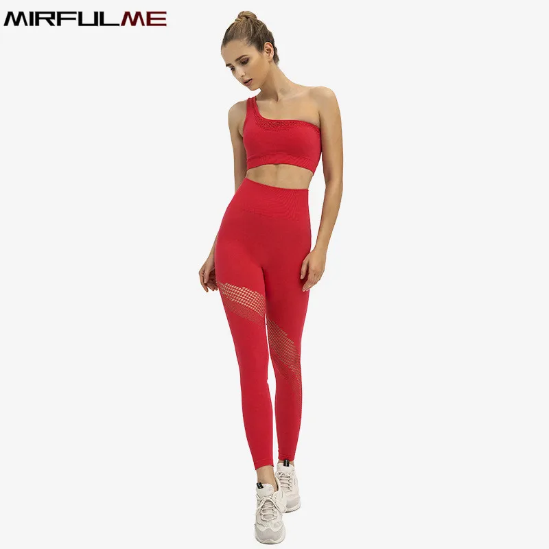 

2 Pcs Seamless Yoga Sets Women Running Fitness Sport Suit One Shoulder Crop Tops Gym Bra Hollow Out Leggings Tight Gym Sportwear