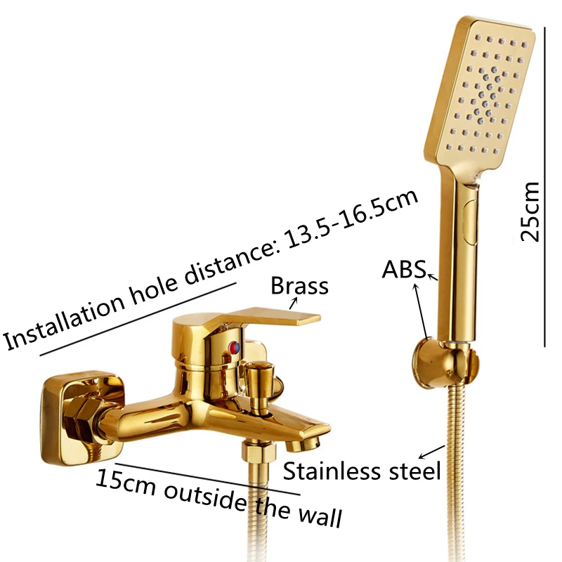 1Set Bathtub Faucet Single Handle Handheld Brass Golden Bath Shower Mixer Tap With Hand Shower Wall Mount 6