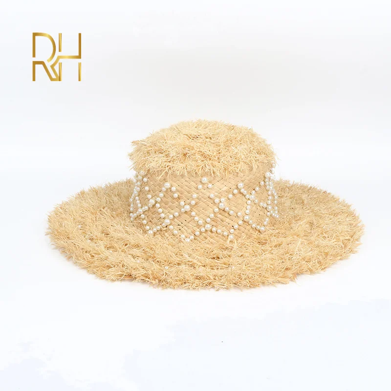 RH INS,, новые летние пляжные кепки с козырьком, рафия, фетровая соломенная шляпа с жемчужным декором для женщин, для путешествий